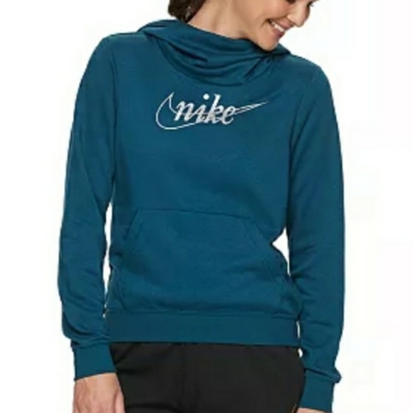 Nike Swish Logo Funnel Neck Hoodie Sweatshirt Sz Small Teal Blue Glitter - Picture 1 of 5